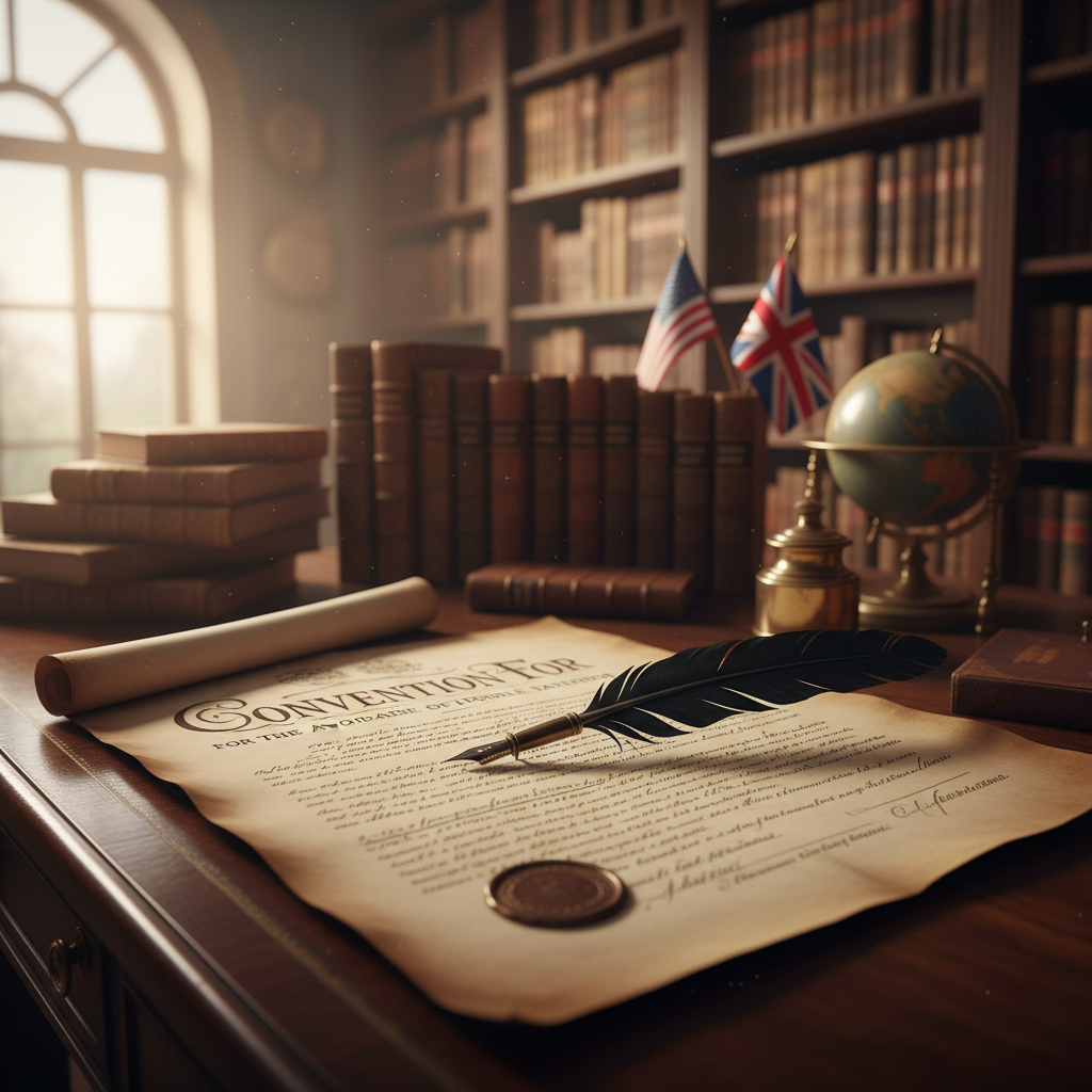 A detailed, photorealistic image of a vintage-style tax treaty document, with a quill pen resting on it, in a sophisticated library setting, with subtle hints of US and UK flags in the background, soft natural lighting.