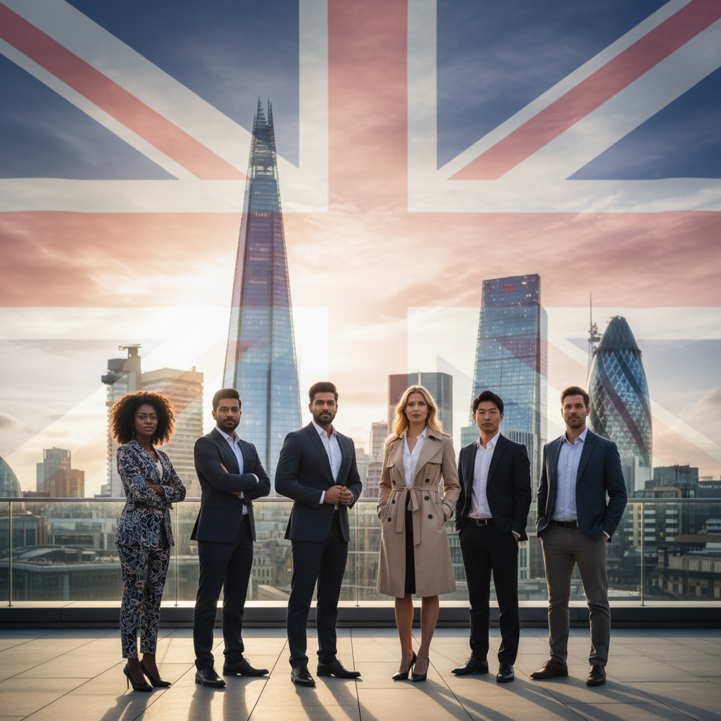 A diverse group of entrepreneurs from various countries, looking determined and successful, standing in front of a modern London skyline, with a subtle Union Jack flag in the background, sunlight filtering through, photorealistic.