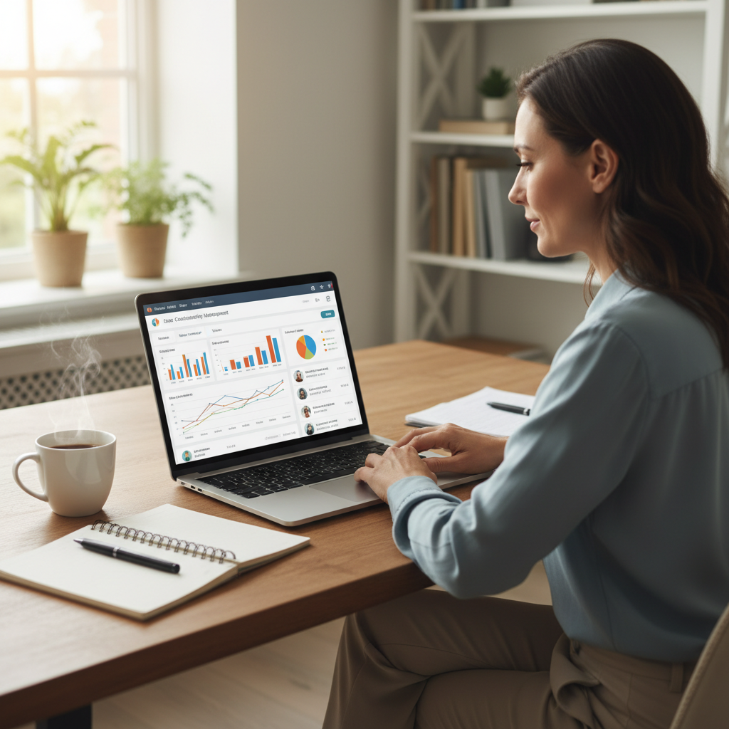 A professional working remotely from a home office, looking at a laptop screen displaying a user-friendly CRM dashboard with various charts and client information. A cup of coffee and a notebook are on the desk. Bright, clean, and focused. Photorealistic.