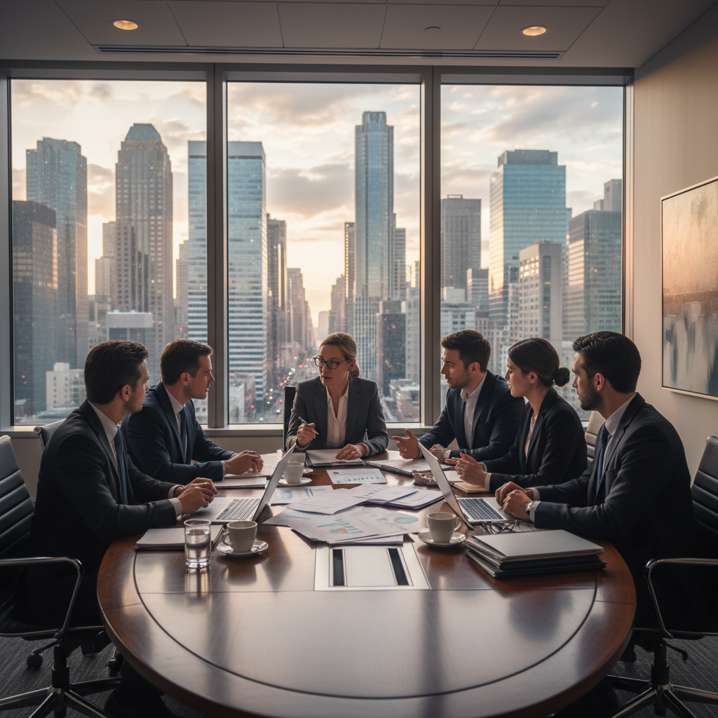A professional, diverse group of people sitting at a large modern conference table, reviewing financial documents and discussing global tax strategies, with city skyline visible through large windows. Photorealistic, high detail.