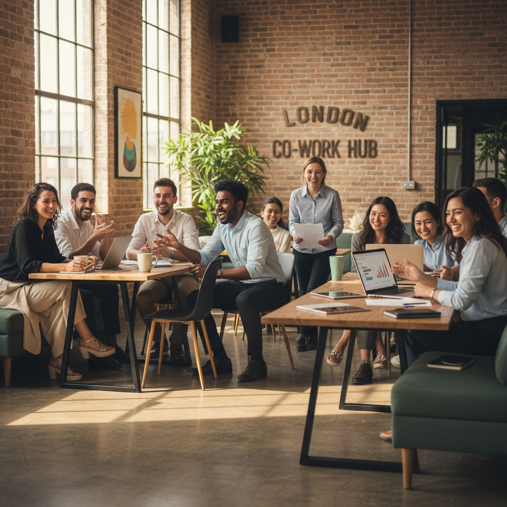 A diverse group of expat business owners from various backgrounds, casually networking and discussing business ideas in a modern, light-filled co-working space in London. They are smiling and engaged, with laptops and coffee cups on tables. Photorealistic, warm lighting.