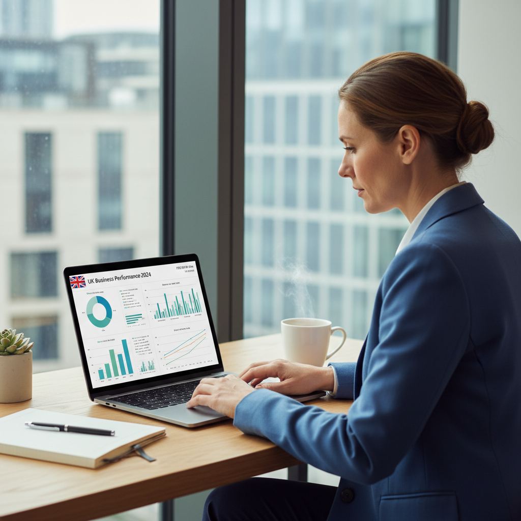 A professional expat looking at a laptop with UK business charts and a cup of coffee on a modern desk, natural light, photorealistic