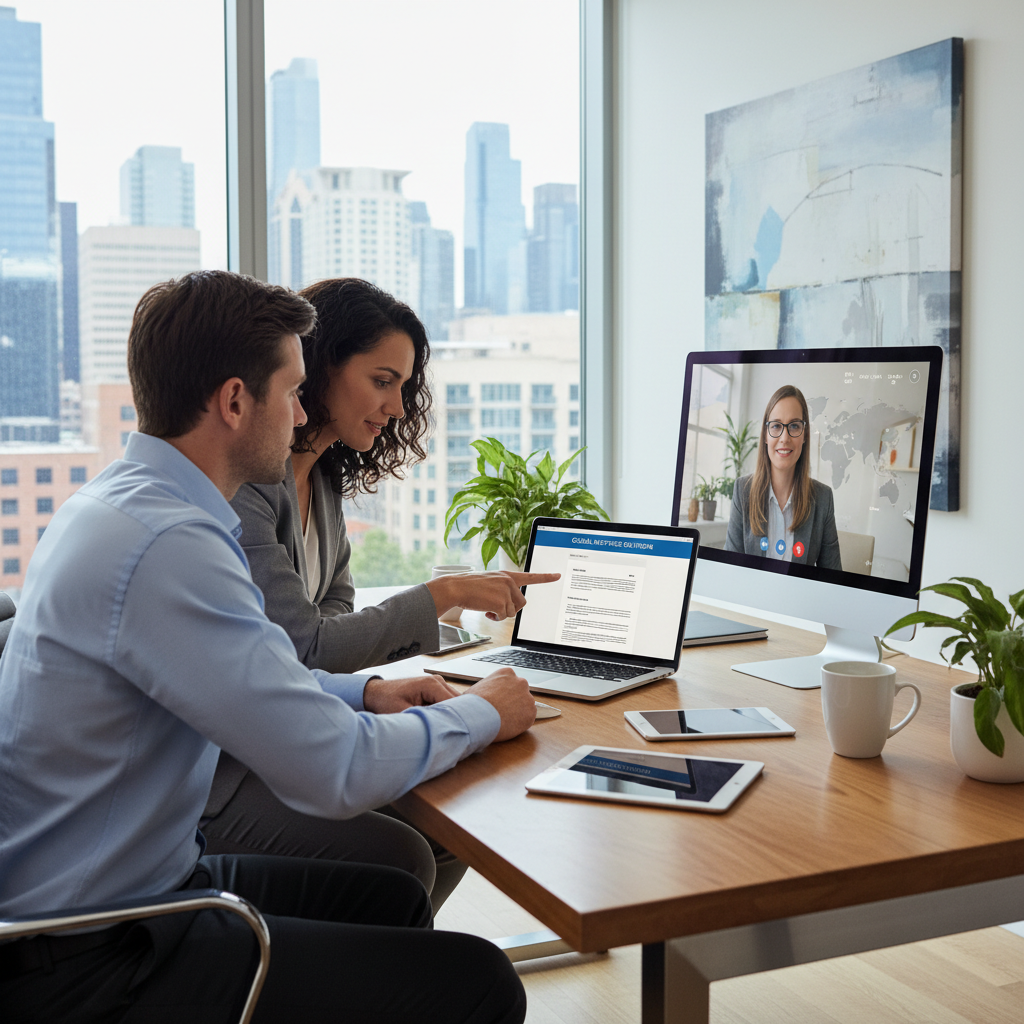 A professional couple, an expat, sitting at a modern desk, reviewing mortgage documents on a laptop and talking to a financial advisor via video call, showing a global connection, well-lit, realistic, contemporary office environment.