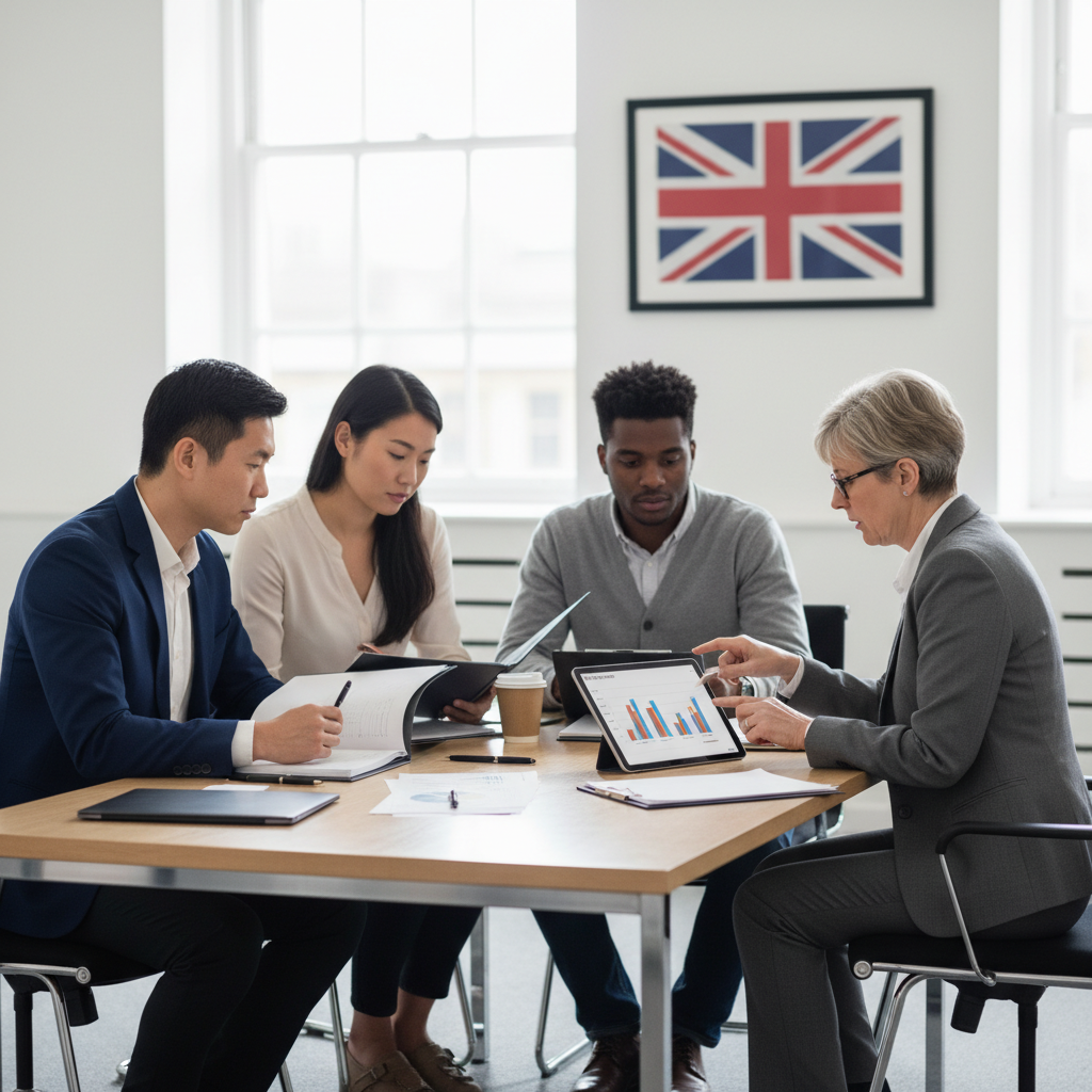 A diverse group of expat professionals from different ethnic backgrounds sitting around a modern office table, intently discussing financial documents with a professional tax advisor who is pointing at a chart on a tablet, a UK flag subtly in the background, natural lighting, photorealistic.