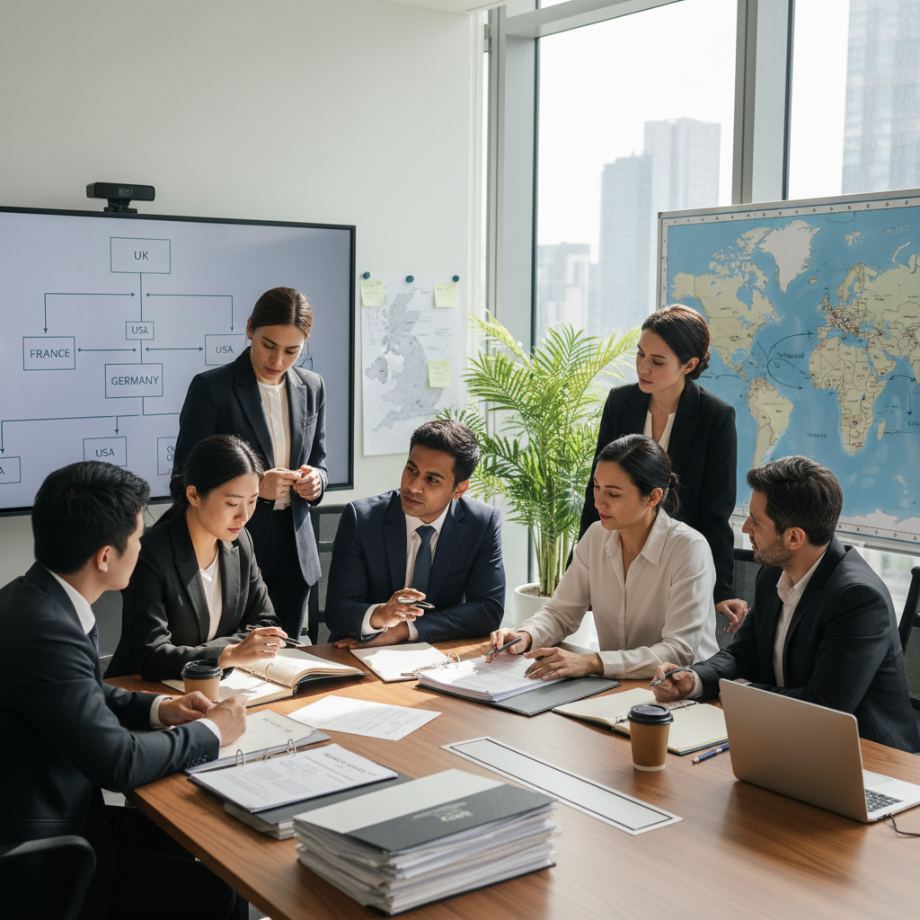 A professional, diverse group of legal experts in a modern, brightly lit office, looking at documents and discussing a complex immigration case, with maps of the UK and other countries visible in the background, realistic, high detail, focus on collaboration and expertise.