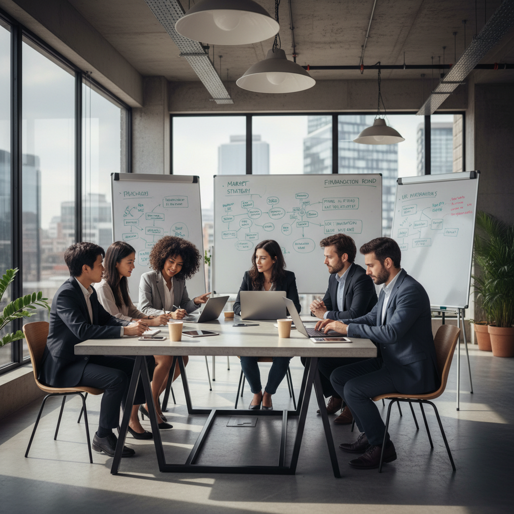 A diverse group of expat entrepreneurs collaboratively discussing business plans in a modern, light-filled UK office, with whiteboards and laptops, looking determined and professional. Photorealistic.