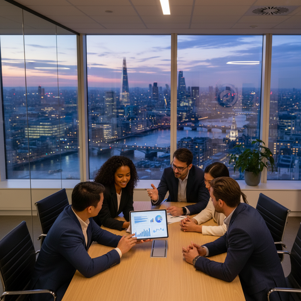 A diverse group of young professional expats in a modern, well-lit office discussing investment portfolios on a digital tablet, with a London city skyline visible through a large window in the background. Photorealistic, high-detail, vibrant colors.