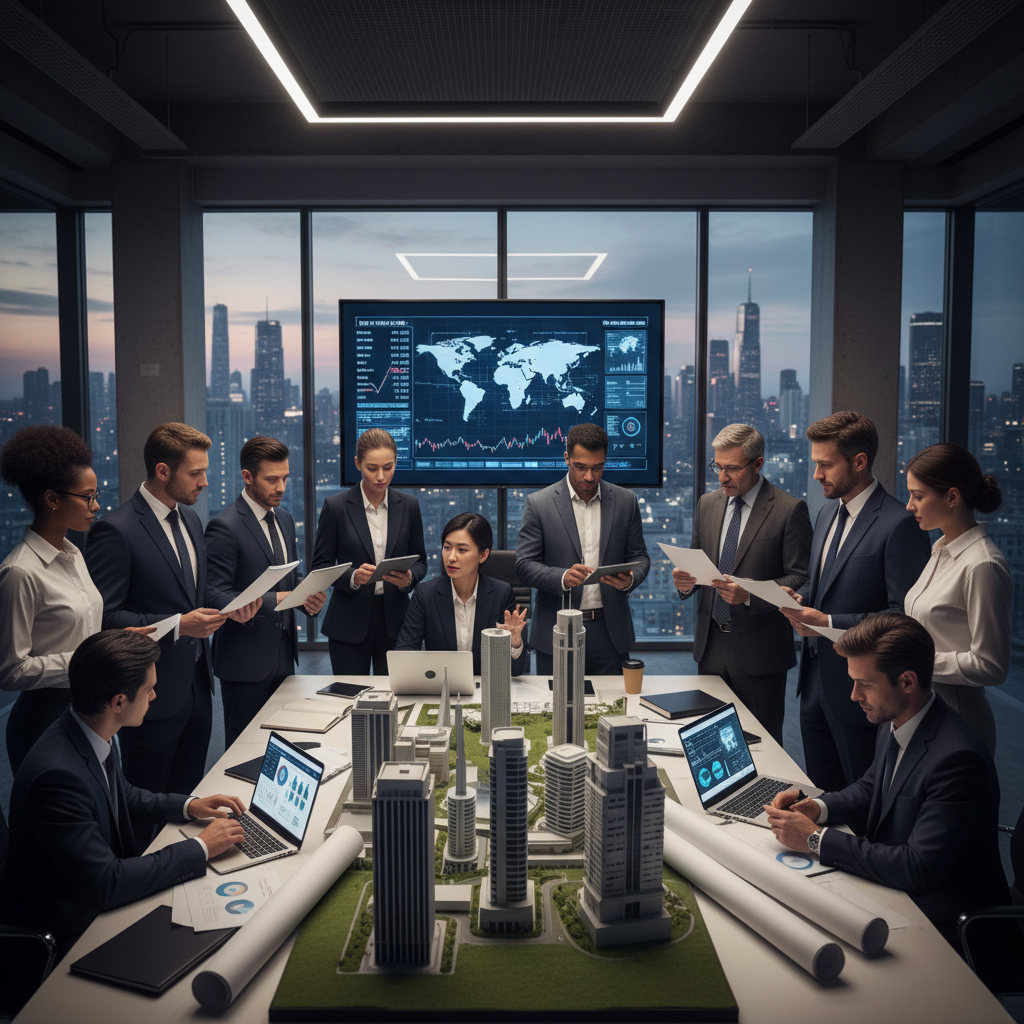 A diverse group of people, some with laptops, looking at property charts and architectural models, representing international investors in a modern office setting. Photorealistic, high-resolution.