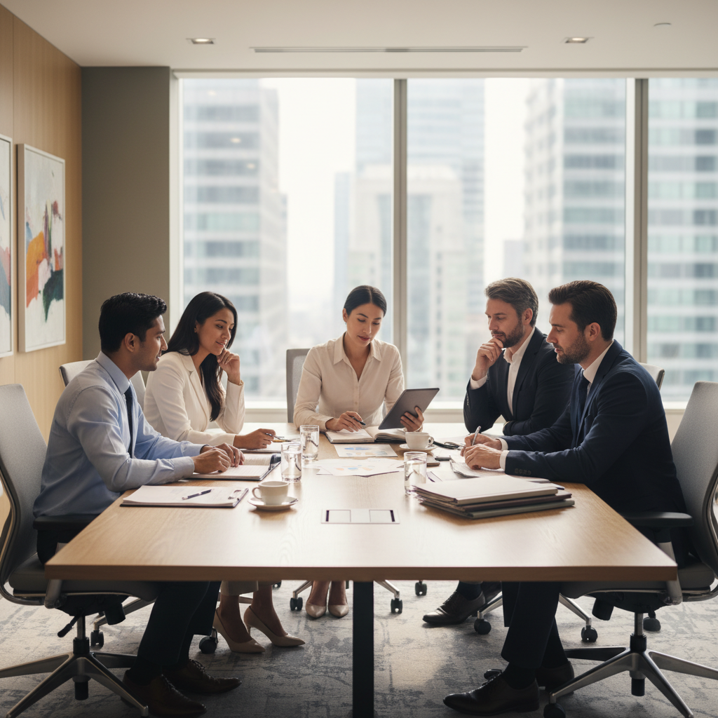 A diverse group of people (expats) sitting with a professional financial advisor in a modern, well-lit office, discussing documents and looking thoughtful but reassured. Photorealistic, soft focus background.